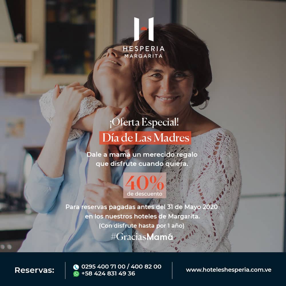 Obséquiale a mamá unas merecidas vacaciones en #IslaMargarita disfruta de una una oferta especial por el mes de las madres y obtén un 40% de descuento en tus reservas pagadas hasta el 31 de mayo que podrás disfrutar hasta por 1 año. 
#DiaDeLasMadres
