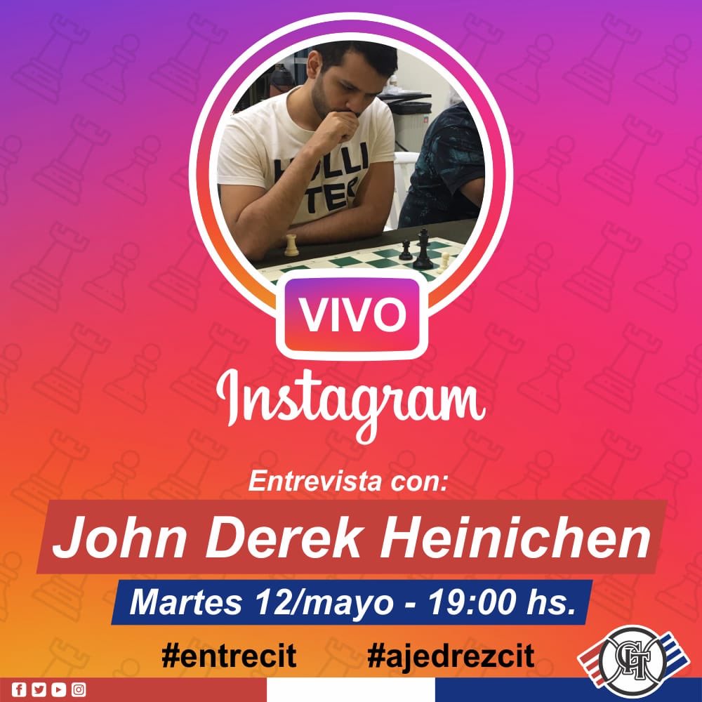 CITpy's tweet photo. #EntreCIT♟
⠀⠀⠀
🤳¡Nuevo invitado en el Instagram Live del CIT! @cit_paraguay

🤗🎥No te pierdas la entrevista con John Derek Heinichen @derekheini
⠀⠀⠀
📲💻 Martes 12 de mayo 
⠀⠀⠀
🕰⏳ 19:00 hs

#EntreCIT #ajedrez #ajedrezCIT  #CIT https://t.co/bODEqMtz5C