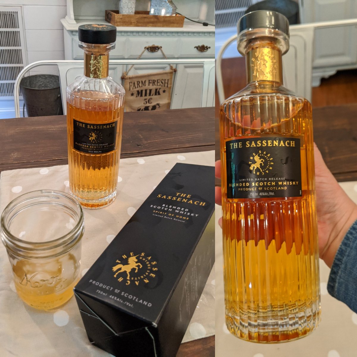 KatStaniford's tweet photo. @SamHeughan @SassenachSpirit 
My amazing husband managed to find me, a beautiful bottle of Sassenach!!😍 Delivered all the way here, to Kentucky! I hope a mason jar is acceptable, Mr. Heughan😬
P.S.The taste is amazing! 
 #sassenach #blendedscotchwhiskey
#scotland #mothersdaygift https://t.co/UgXNwJMtxz