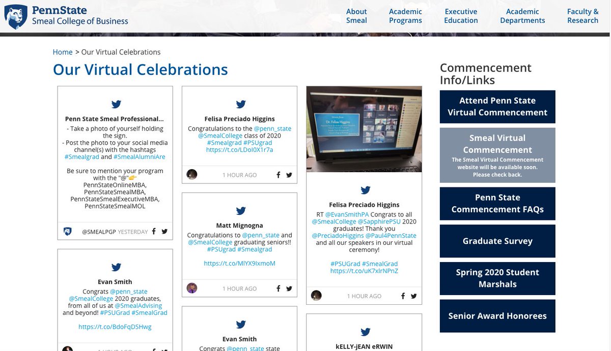 SmealCollege's tweet photo. @SmealCollege graduates, don't forget: click on https://t.co/g7JTxNE2rV at 2:30 pm to gain access to a special web page designed and produced in your honor! Click on the SMEAL VIRTUAL COMMENCEMENT button for videos, individual student slides and more. #PSUgrad #Smealgrad https://t.co/PwEN8ntQFt