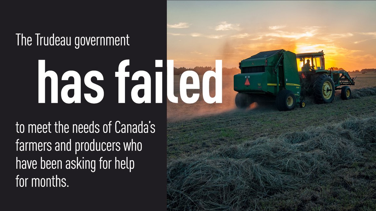 AndrewScheer's tweet photo. Trudeau has failed farmers and their families. 
 
Instead of helping the agriculture sector, he re-announced money that was already budgeted in the AgriRecovery program.
 
Conservatives will continue to press for real help for our #CdnAg. We will always stand with farmers. https://t.co/SVRxb6lT9t
