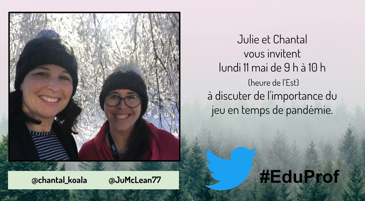 Joignez vous <a href="/JuMcLean77/">Julie McLean (elle/she/her)</a> et moi pour le prochain #eduprof, ce lundi, 11 mai pour parler de l'importance du jeu en temps de pandémie!  C'est un rendez-vous à ne pas manquer! #collab_Cepeo <a href="/cnalliance/">Child and Nature Alliance of Canada</a> #LibrePourApprendre
