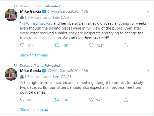 Trump then RT'd both of these tweets from  @MikeGarcia2020 :