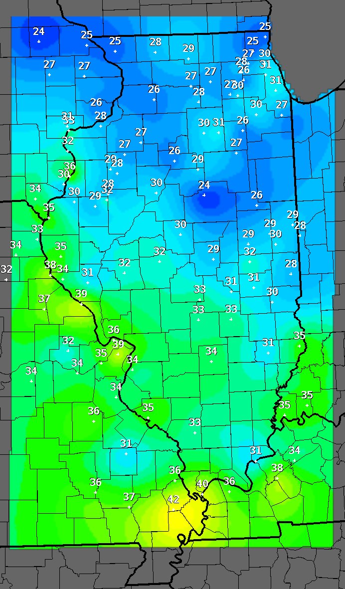 Map of this morning's lows. Below freezing as far south as Olney. The cool spot "prize" goes to Normal with 24 degrees, the 2nd coldest May temperature recorded there since observations began in 1893 (coldest was 21 degrees on May 10, 1966). Map via <a href="/NWSLincolnIL/">NWS Lincoln IL</a>  #ilwx