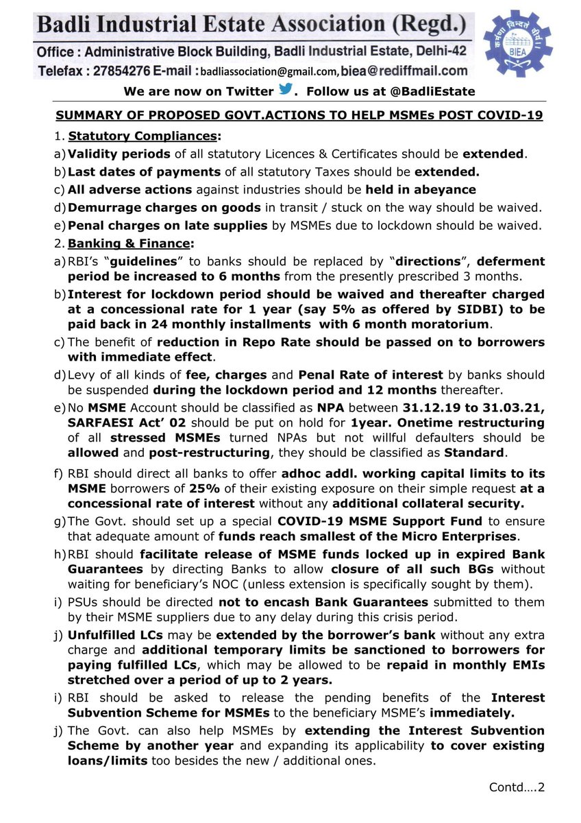 BadliEstate's tweet photo. @narendramodi @pmo @nsitharaman @FinMinIndia @nitin_gadkari @minmsme As MSME Assn,we've been highlighting problems being faced by MSMEs due to covid thro' our detailed representations. Its summary is attached. Pl announce the awaited relief package &amp; save the dying MSMEs. HELP PL https://t.co/YZ7dGQd0rU