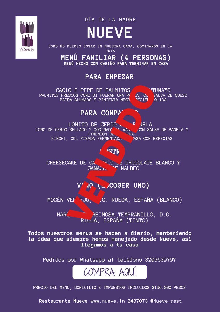 Sold Out nuestro menú del día de la madre, esperamos que todas disfruten con algo hecho con mucho amor. #Nueve #QuedateEnCasa #cocinahonesta #Volveremos