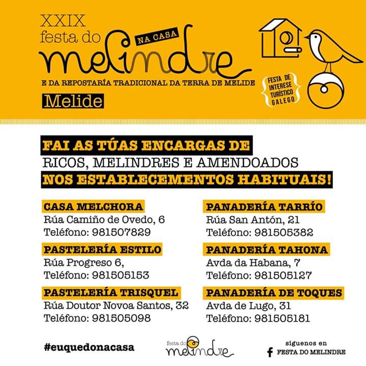 TurismoMelide's tweet photo. 👉Lembrade que mañá temos unha cita virtual ca Festa do Melindre e da repostería tradicional da Terra de Melide🥳
📣 Animádevos a facer as vosas encargas de ricos, melindres e amendoados nos establecementos habituais😋
#MelideTerraDoce https://t.co/juertRZgQ9