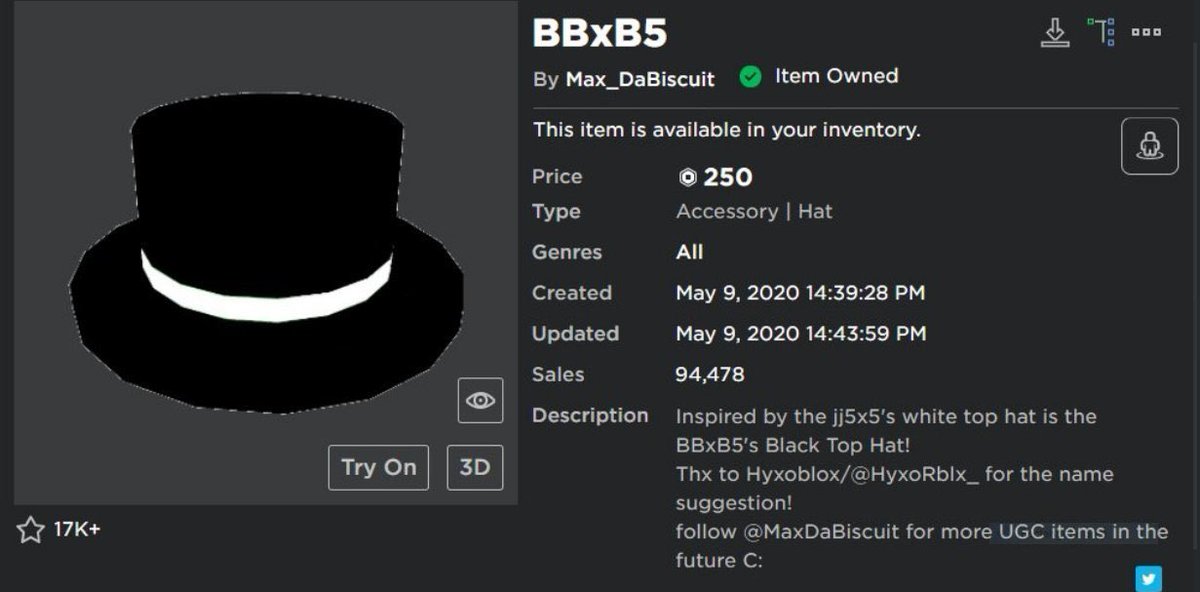 Chappie On Twitter Guys I Just Bought Maxdabiscuit S Latest Ugc Item And It Is Perhaps The Greatest Creation That I Have Ever Seen During My Time On Roblox Quick Shoutout To Him - black and white top hat roblox