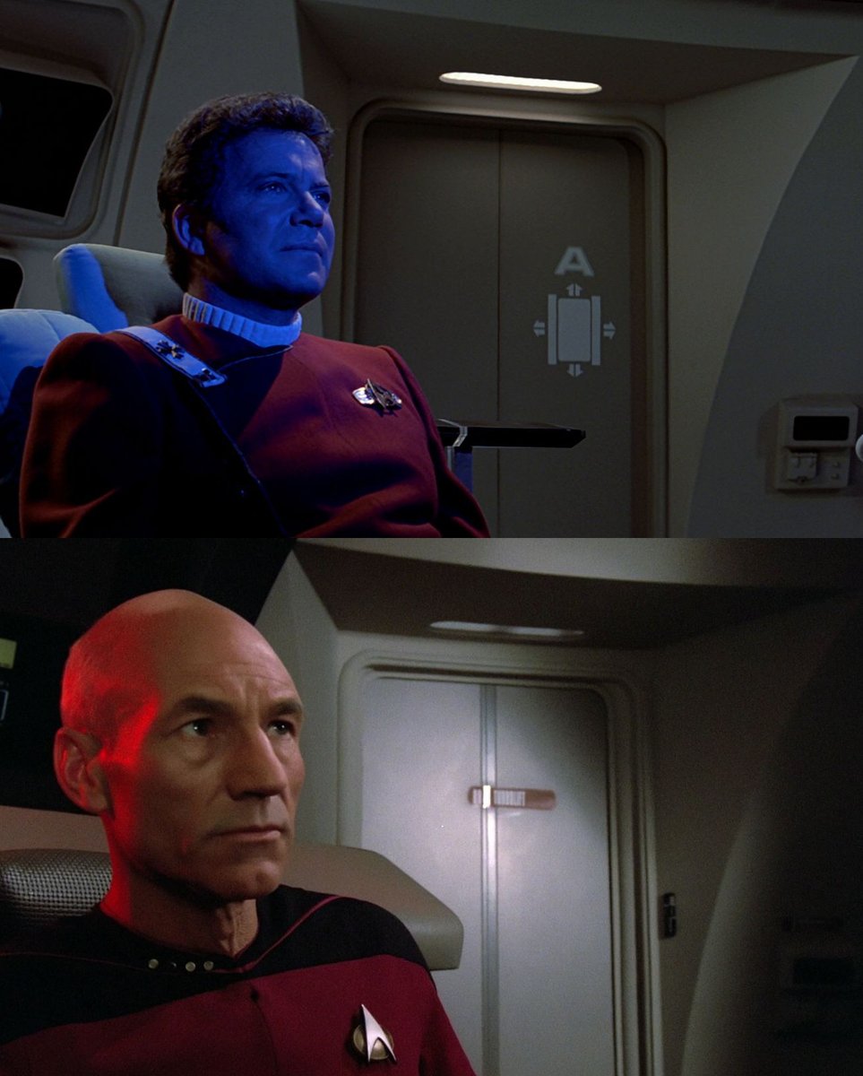 Two captains, one bridge:Captain Kirk on the bridge of the USS Enterprise in "Star Trek III: The Search for Spock" (1984).Captain Picard on the battle bridge of the USS Enterprise-D in "Encounter at Farpoint" (1987).