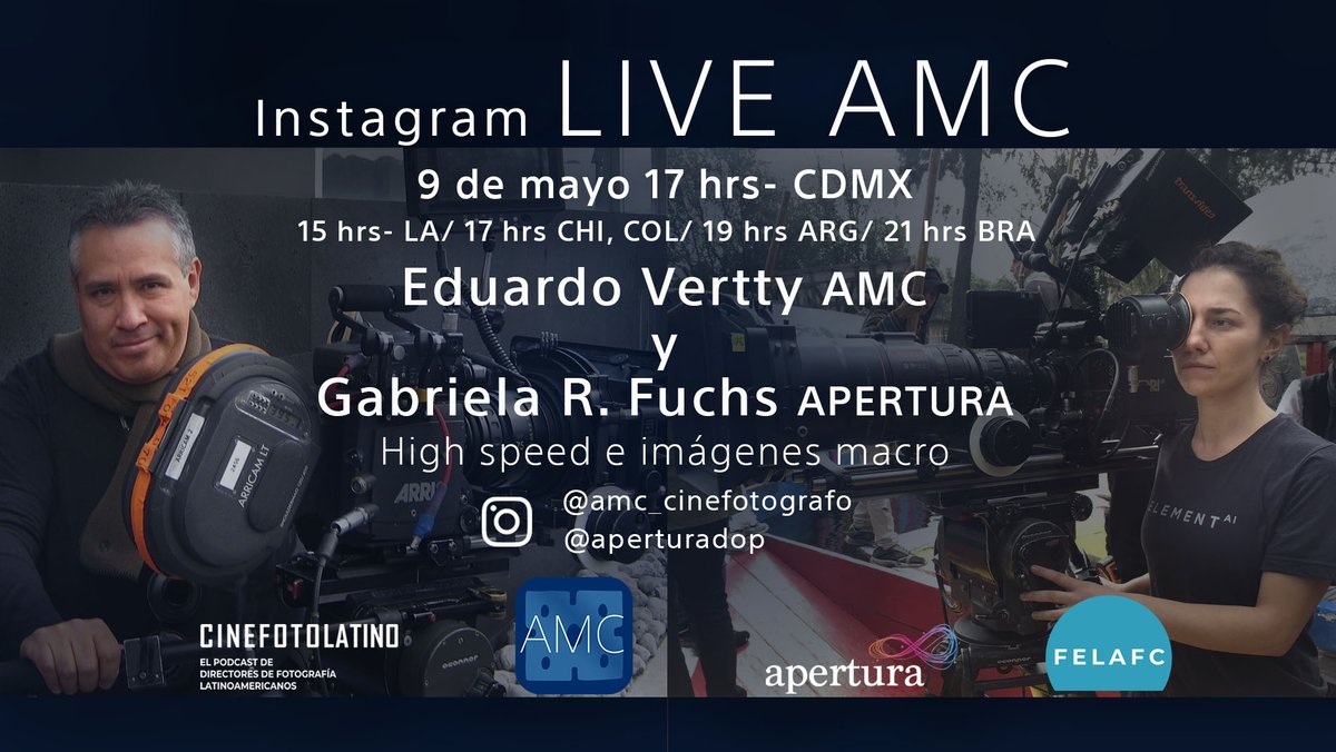 Los esperamos a as 5:00pm a través de nuestro Instagram: '@AMC_cinefotografo' @GabrielaRFuchs Apertura y @eduardovertty AMC estarán en vivo platicando sobre las nuevas tecnologías 'High Speed e imágenes macro' . 

#CineLiveGuide