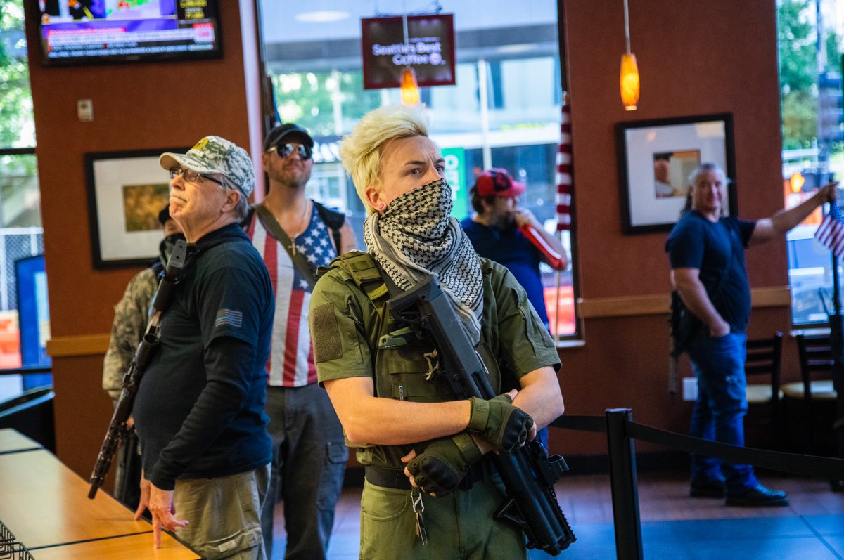 A group of about 11 mostly-armed demonstrators protesting the stay at home order marched around downtown Raleigh and ordered sandwiches at a Subway.  #Covid_19  #ncpol  #MealTeamSix