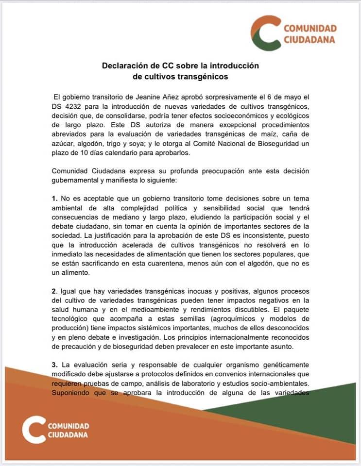Sumaj_Warmi's tweet photo. 🛑 #ComunidadCiudadana emite una declaración sobre el #DS4232 'Introducción de Cultivos Transgénicos' donde refieren que un #GobiernoTransitorio no puede tomar decisiones sobre temas ambientales de alta complejidad y sensibilidad social con justificaciones inconscientes. https://t.co/RhCPZtBr8W