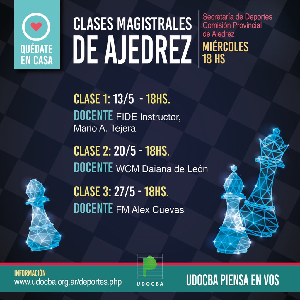 udocbacentral's tweet photo. Clases magistrales de ajedrez
Organiza Secretaría de Deportes a cargo del Cro @Dariodepyrec - Comisión provincial de ajedrez 

#UDOCBAPiensaEnVos https://t.co/2JfBLeL6TN