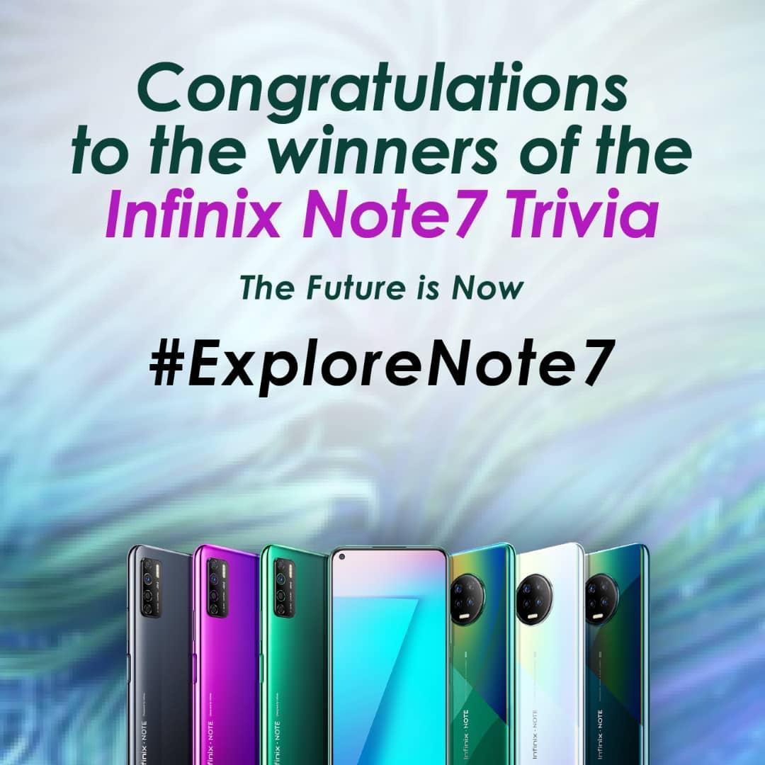 InfinixGhana's tweet photo. We are happy to announce the winners of the Infinix Note 7 Trivia Contest. 

@Humble_Gangster
@Shammah411 
@Denis_mensah1
@Dennis_Haatso 
@Kobinaeduah 

Kindly send a DM with your name and phone number and we will contact you on how to claim your Infinix souvenirs. 

#Explorethe7 https://t.co/X9nLYux5Kd