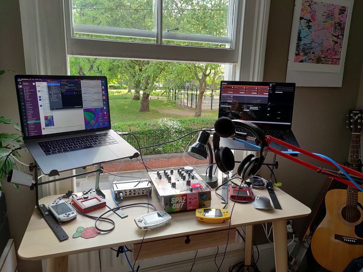 _____nosignal's tweet photo. All set up for a visual set later with @LiveJS_network. We'll be using @f_e_e_d_h_a_c_k and attempting a synced show with visuals, cross-continent 😁

I'll reply to this tweet at 9pm GMT+1 with a link to the stream - catch you later 🎉

#chiptune #gameboy #javascript #webgl https://t.co/GT9mGPv3Jd