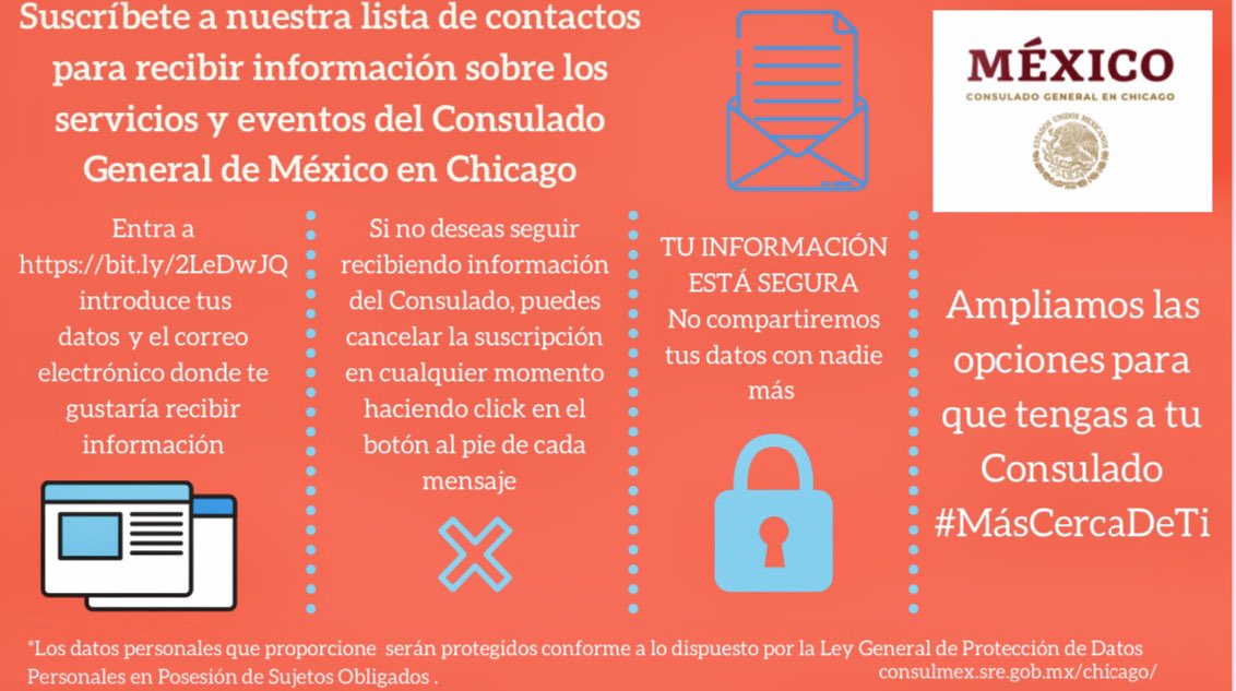 ConsulMexCho's tweet photo. Quieres recibir información por correo electrónico 📧 sobre los servicios de @ConsulMexCho? Suscríbete https://t.co/BIr6q2EDb5 a nuestra lista de contactos. #ConsulMexChicago #MásCercaDeTi 🇲🇽 https://t.co/DjNHcKPzy4