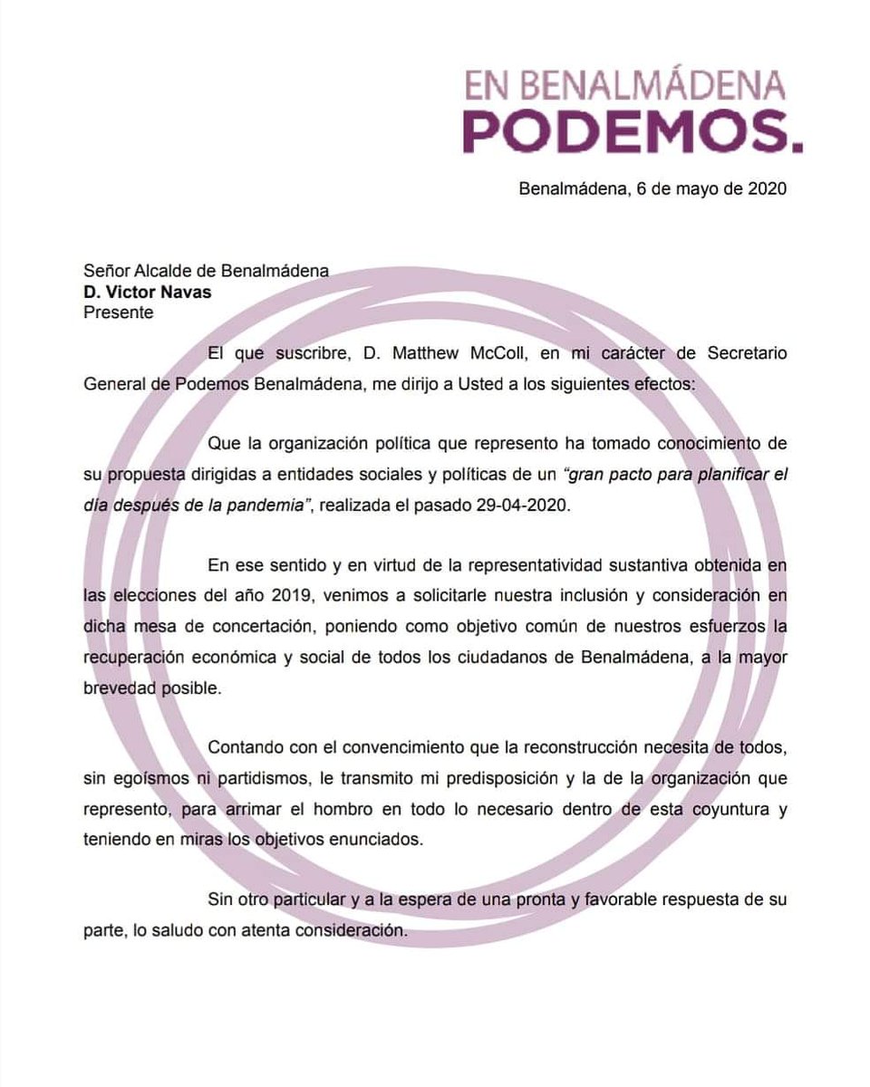 PodemosBenal's tweet photo. NO. 
Esa ha sido la respuesta del Señor Alcalde , Victor Navas. 
Podríamos estar en la Mesa de Trabajo para aportar ideas y trabajo ante esta crisis a la que se enfrenta Benalmádena. Post-#COVID-19 por el apoyo de IU Benalmádena, pero el PSOE nos deriva a Participación Ciudadana. https://t.co/4c79KZKBIk