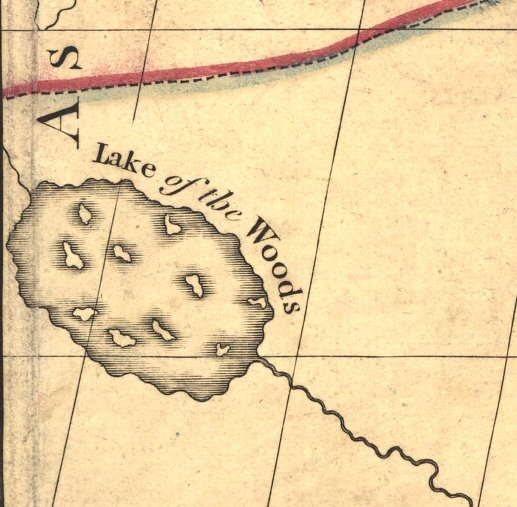 Sauf que Mitchell ayant peut-être abusé de la gnôle dans le froid hiver du Minnesota (ou alors le Google maps de l'époque était mouif), il s'est planté sur la forme du "Lake of The Woods". L'explorateur le voyant comme ceci.