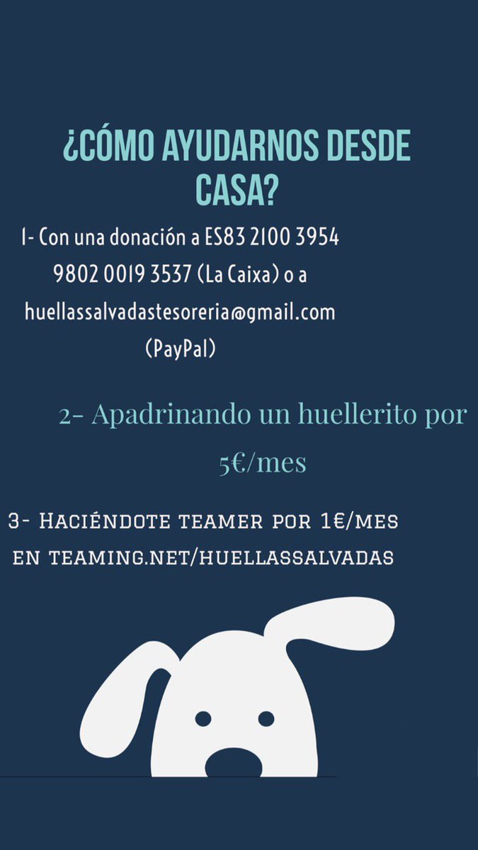 huellassalvadas's tweet photo. 🙌🏼¡AYÚDANOS!💪🏼

Hemos elaborado una imagen en la que os resumimos cómo podéis ayudarnos😋

Si quieres más info, mail a info@huellassalvadas.com o MD https://t.co/9Kw8L8Jp6a
