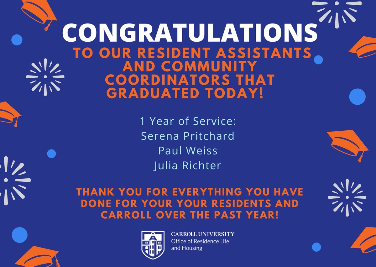 CarrollUResLife's tweet photo. Congratulations to our Resident Assistants and Community Coordinators that graduated today! https://t.co/gSB24frGdE