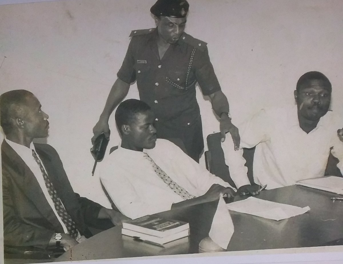 6 December 1990. Police stopping World Press Conference called by NANS to draw attention to IBB dictatorship. Left: Lagos lawyer, Onyeisi; Middle, Mahmud (President NANS); Right, Prof Akhaine (PRO NANS) #Archive