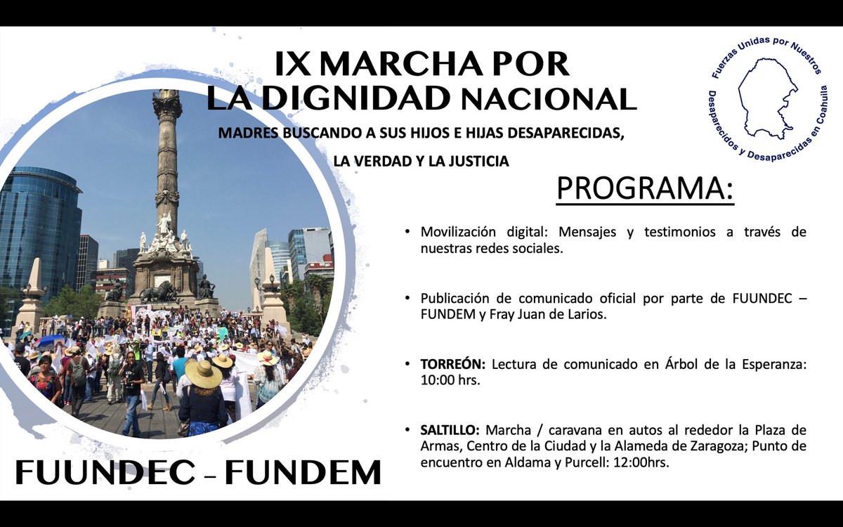 FrayJuanLarios's tweet photo. 📃 Programa de #FUUNDEC - #FUNDEM en el marco de la IX Marcha por la Dignidad Nacional: Madres en busca de sus hijas e hijos desaparecidos, la verdad y la justicia. 
#10DeMayo
#HastaEncontrarles #CorazonesEnMarcha https://t.co/cenAMpNSQZ
