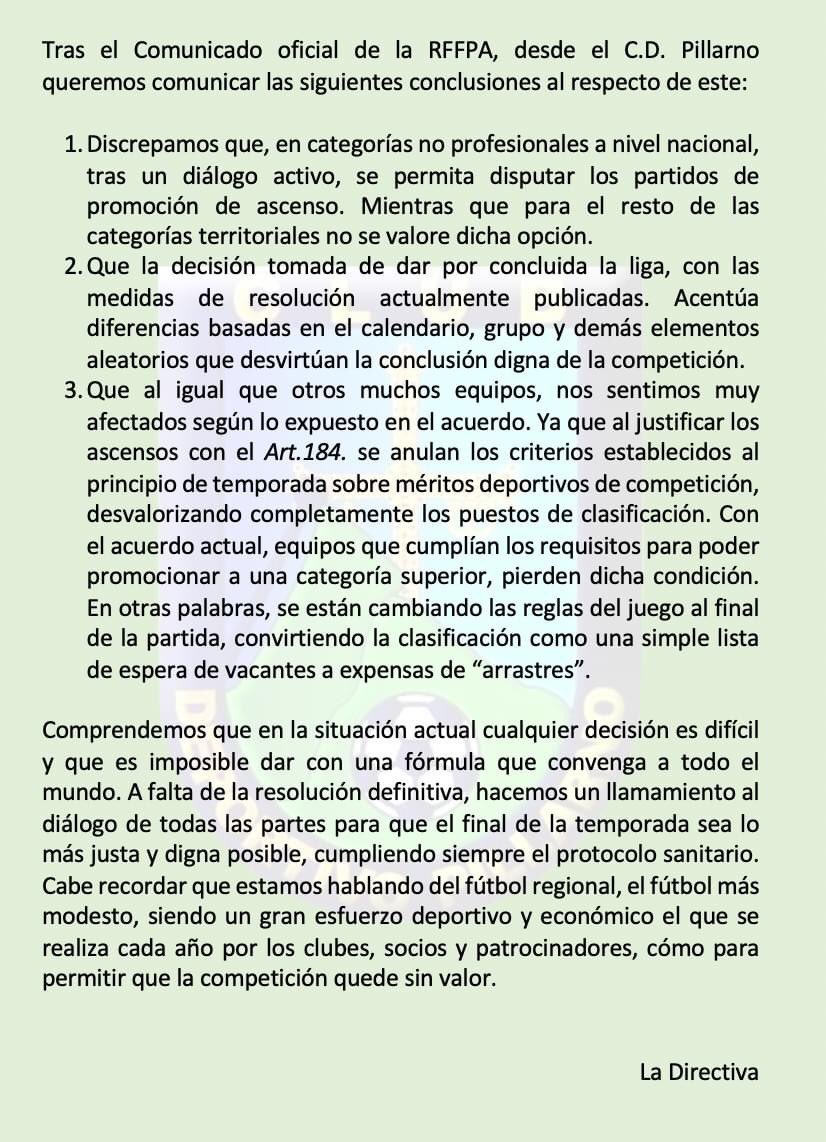 CDPILLARNO's tweet photo. Comunicado oficial del club sobre el acuerdo de la RFFPA para las competiciones territoriales 🎙📤 https://t.co/8ZMa8gdJfj