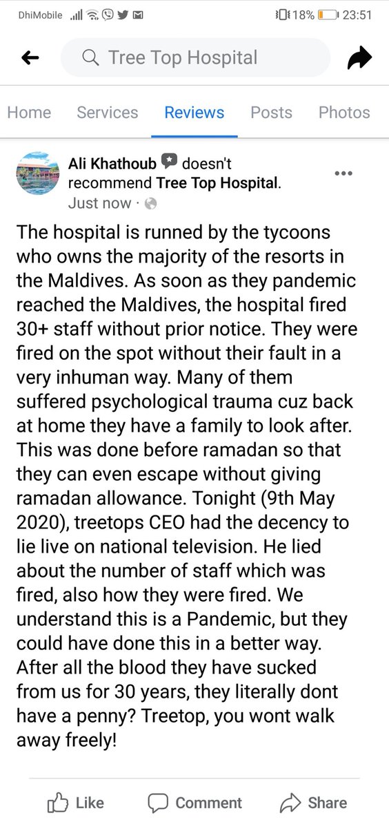 Please go and review them on facebook and google, so that we can show our support to the 30+ staff who were unjustly fired by  @treetophospital crooks.