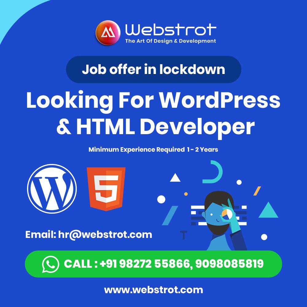 webstrot's tweet image. #hiring #wordpress_developer #HTML

@webstrot looking for experienced Wordpress developer &amp;amp; HTML developer. 

Mail : hr.webstrot@gmail.com
+91982-725-5866
webstrot.com

#Job #jobsearch #Jobs #jobseeker #JobSeekersSA  #WorkFromHome  #WorkFromHomeJobs #jobvacancy