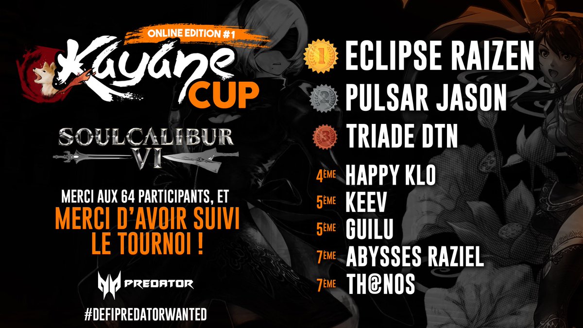Kayane's tweet photo. Félicitations à tout le Top 8 de cette 1ere édition de la Kayane Cup !
GG à Raizen qui gagne avec sa 2B! 👍
Merci à tous les participants et viewers 🔥
Congratulations to the Kayane Cup’s TOP 8! Big GG to Raizen winning with 2B ! Thanks for watching! 🔥
#DefiPredatorWanted https://t.co/9I1zCmTvM8