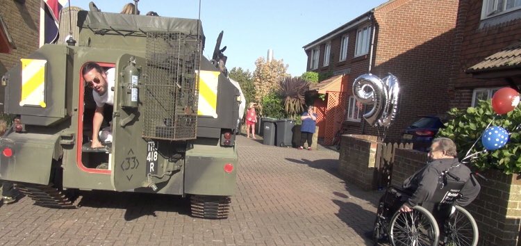 henrywinter's tweet photo. Christian Burgess #Pompey arriving in a tank, as you do, to deliver meds to a fan on his 90th birthday. Burgess been  incredible during pandemic, working in a kitchen &amp; delivering food/meds. Burgess’ girlfriend Meabh Mallaghan is a doctor on the frontline on a coronavirus ward 🙌 https://t.co/LDXLWKiKPY