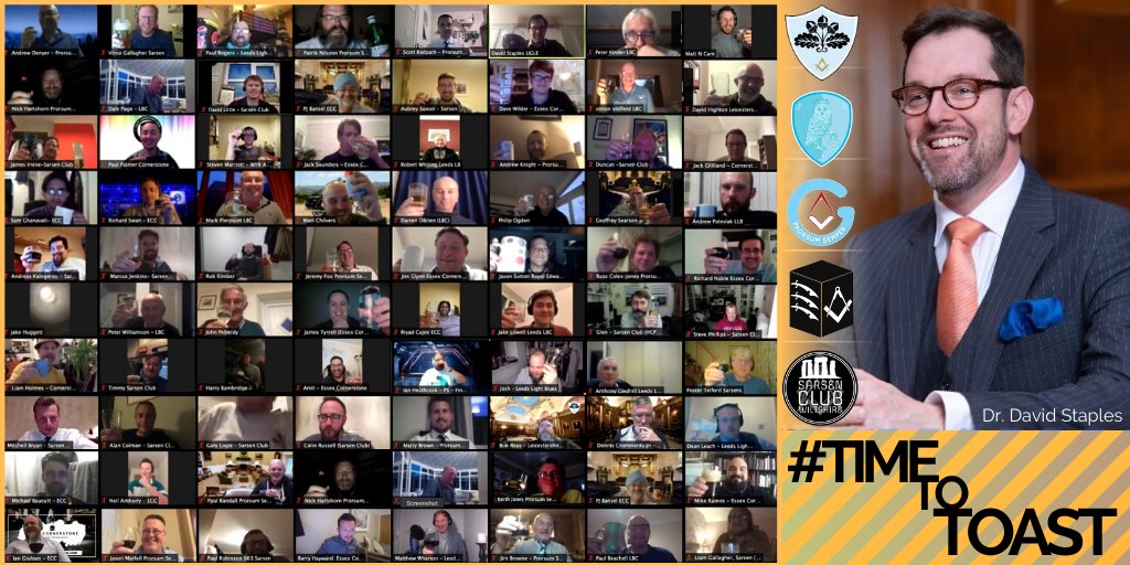Tonight we toast #absentbrethren &amp; reflect on #VEDay75. To all those who made the ultimate sacrifice in the name of freedom, we raise a glass. Below is a snap of some of the 90+ Brethren who were present to toast at last weeks Young Masons Virtual Social with @UGLE_DrDStaples.