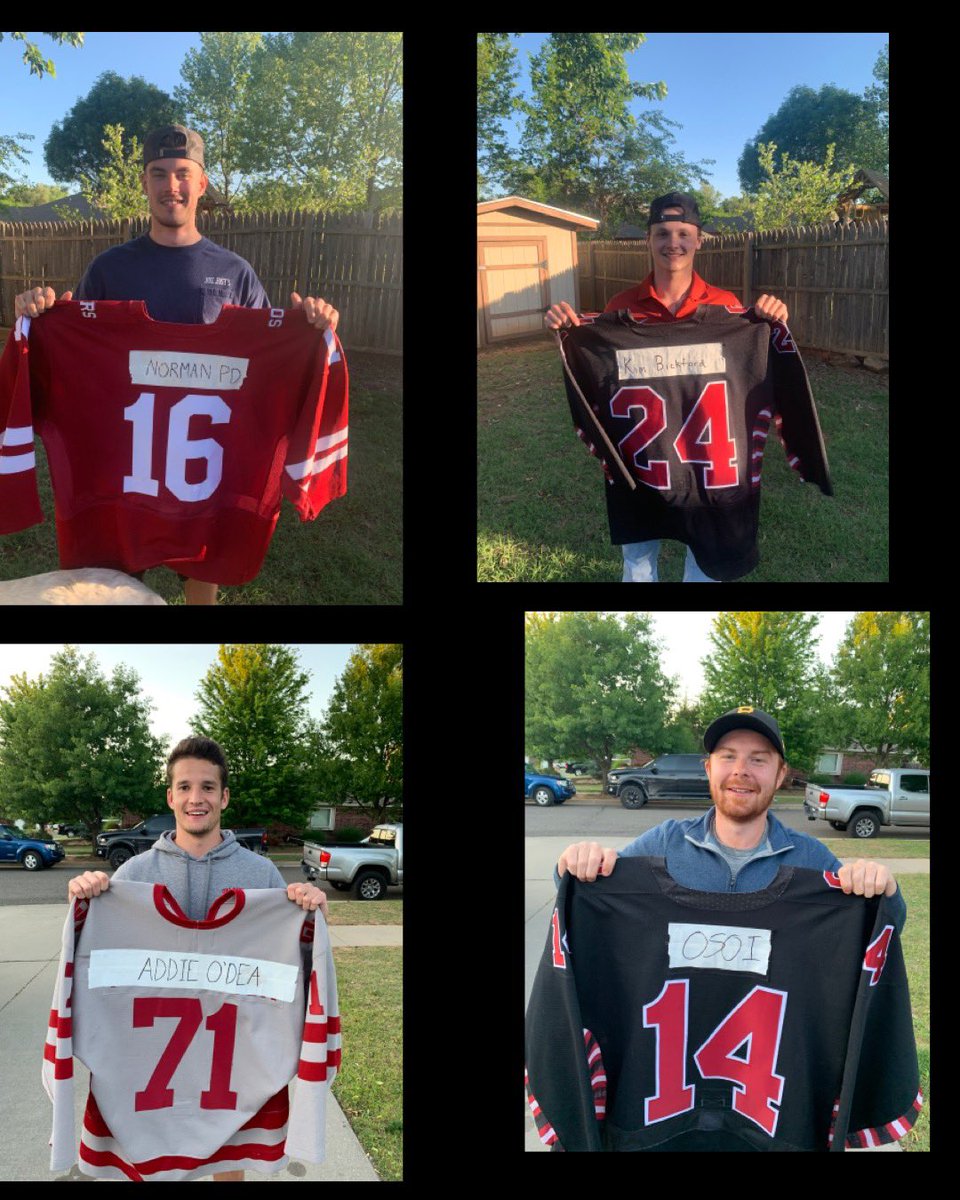 OUHockey's tweet photo. We would like to take this time to honor the #RealHeroes. Thank you for your service during these tough times. We are honored to wear your names on our backs. ❤️ https://t.co/v3mPWTKKCg