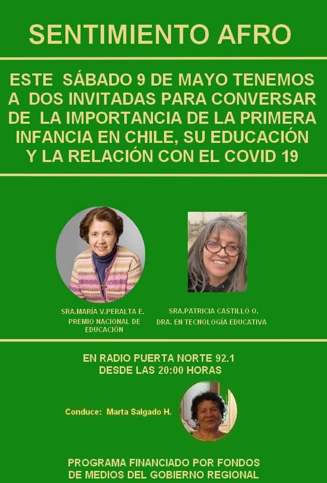 🎙📻 | Hoy nuestra querida Presidenta María Victoria Peralta conversará sobre la importancia de la primera infancia en Chile, su educación y relación con el Covid-19 en el programa “Sentimiento Afro“ .

🔸Sábado | 9 de mayo 
🔸Desde las 20:00 hrs
🔸radiopuertanorte.cl 92.1