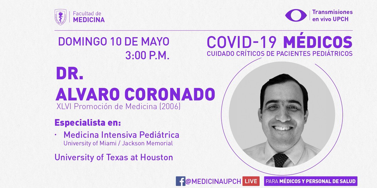 MEDICINA_UPCH's tweet photo. MAÑANA 3 pm #COVID19 Cuidados Críticos en #Pediatría #UCIPED  | Dr Alvaro Coronado | Para #médicos y #personaldesalud @CayetanoHeredia https://t.co/ibvgiXuRb2