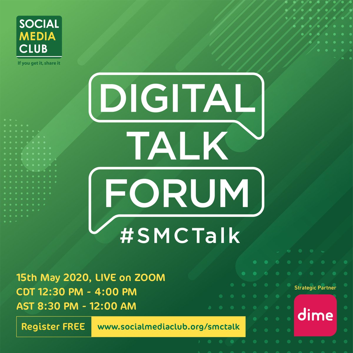 Join @SocialMediaClub on May 15 for a #DigitalTalkForum with 20 industry experts as we explore new digital marketing strategies in response to #COVID19. REGISTER TODAY: bit.ly/SMCTalk #SocialMediaClub #IfYouGetItShareIt #SMClub #SMCTalk #Webinar