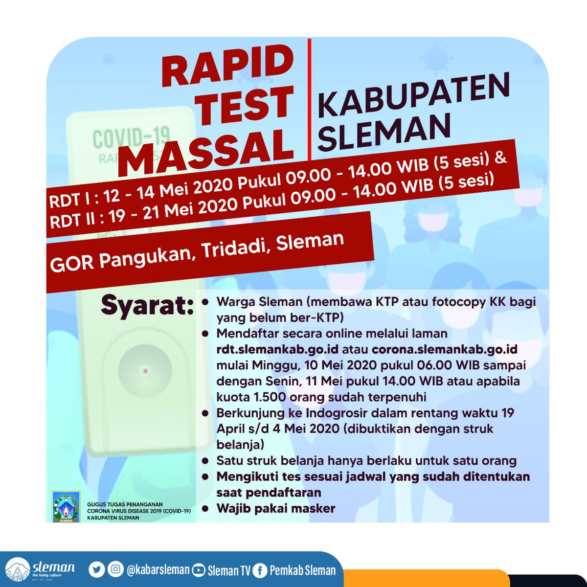 PELAKSANAAN RAPID TEST MASSAL PEMKAB SLEMAN

#Slemanis, Dalam rangka pelaksanaan Rapid Diagnostic Test (RDT) secara massal yang dilakukan Pemkab Sleman terkait kasus konfirmasi (positif) COVID-19 pada swalayan besar di Kecamatan Mlati, Kabupaten Sleman, ....

(Sebuah utas)