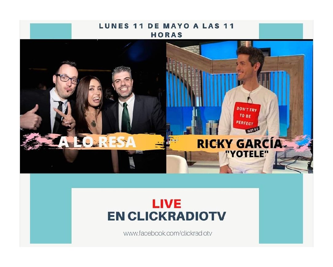 a_lo_Resa's tweet photo. El lunes en @ClickRadioTv estará @rickygarciatv , director de @yotele , que nos hablará de televisión, y:
🎙️ @javit_o y su equipo desmontan bulos.
🎙️ @FernandaLagoB: Corazón solidario.
🎙️ @JorgeLimia: Última hora.
⚓ Capitaneando @juanan_resa 
🕐11 hrs https://t.co/YSxwR8kp2N https://t.co/KBhHGavPYN