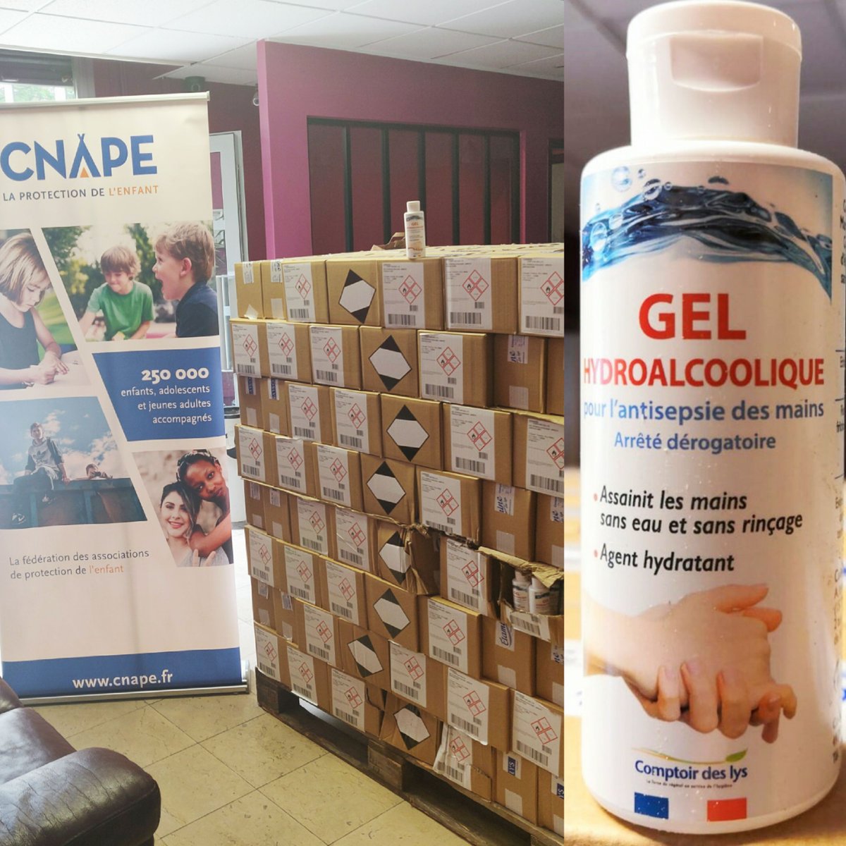 la_CNAPE's tweet photo. Ce samedi après-midi, atelier logistique au siège pour répartir la 1re palette de gel hydroalcoolique sur les #territoires.
MERCI au laboratoire #ALVEND de ce don pour notre chaîne de #solidarité #EnsembleProtectionEnfance...et à notre ambassadeur @mohamedbouhafsi pour son appel. https://t.co/7oANWvyUwR