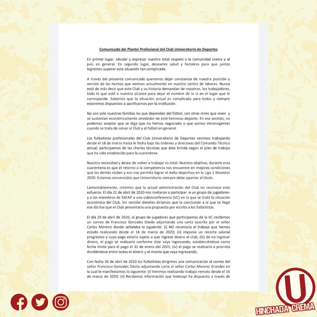 hinchadacrema's tweet photo. #ComunicadoDelPlantelUniversitario https://t.co/z0Koy4CCt9