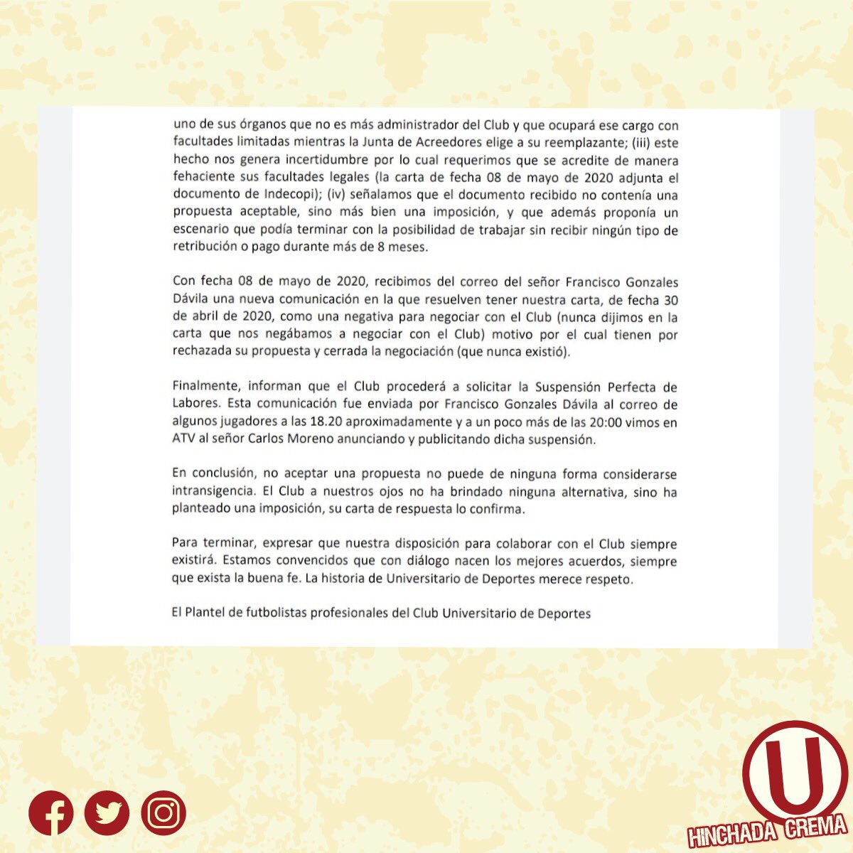 hinchadacrema's tweet photo. #ComunicadoDelPlantelUniversitario https://t.co/z0Koy4CCt9