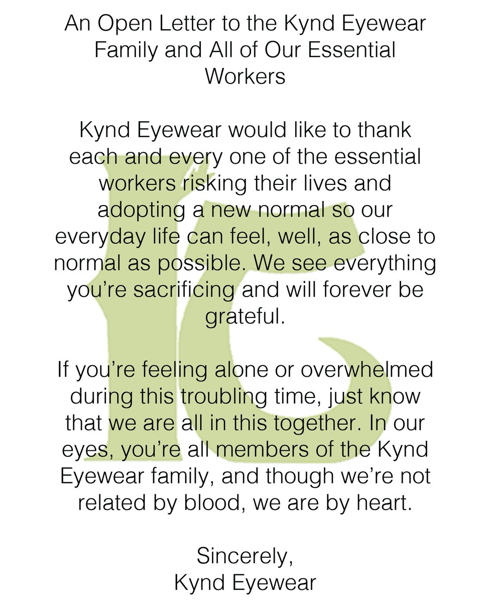An Open Letter to the Kynd Eyewear Family and All of Our Essential Workers

#staykynd