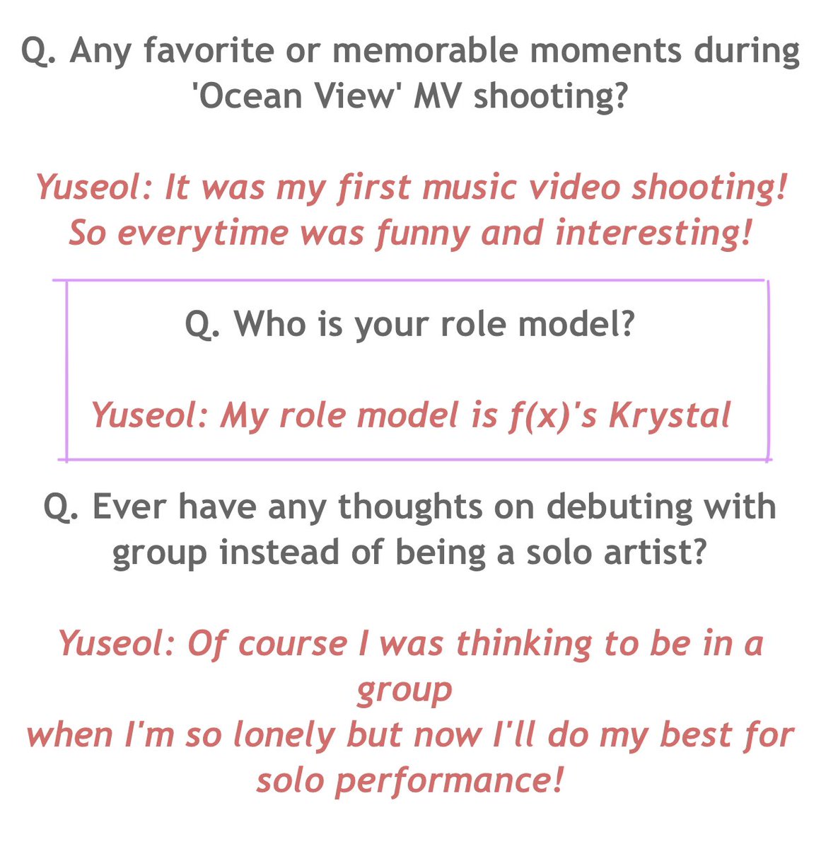 56. Yuseol (Singer)“My role model is f(x)’s Krystal.”on her vlive, one of the fan asked who is her favourite singer, she answered Krystal.