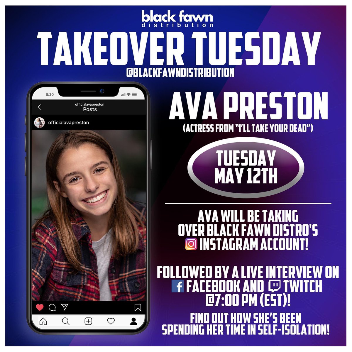 blackfawndistro's tweet photo. We're pleased as punch to announce that actress Ava Preston will be taking over our Instagram account on May 12th as part of our #TakeoverTuesday series. Ava will be posting throughout the day on our Instagram &amp; then joining us for a interview LIVE on our Facebook &amp; Twitch feed. https://t.co/jU8bskJZwo
