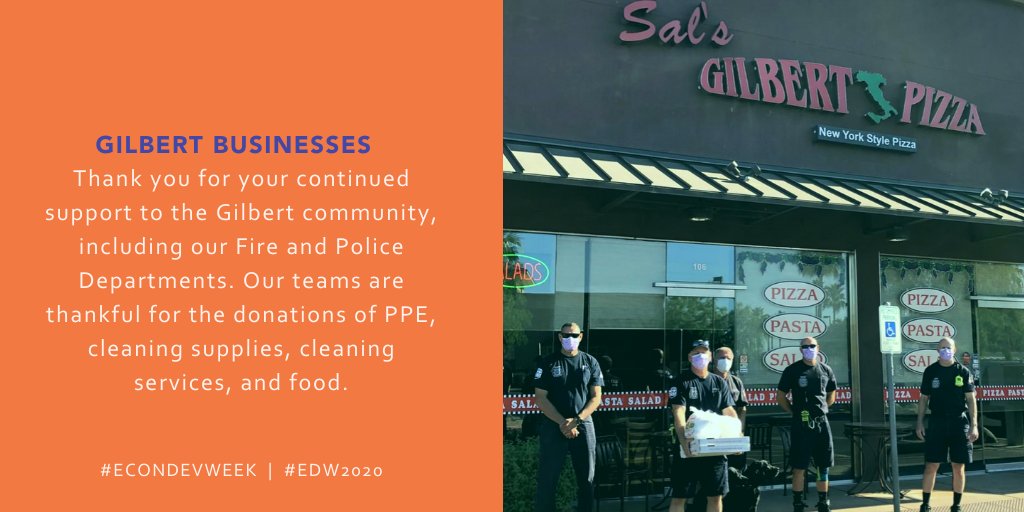 GilbertAZEcoDev's tweet photo. As @IEDCtweets #EconDevWeek winds down, we want to thank the #GilbertAZ businesses who have supported @GilbertFireDept and @GilbertPolice with donations of PPE supplies &amp; food during #COVID19AZ.

Learn about Gilbert businesses giving back ➡️ https://t.co/nKQeKekwgZ

#EDW2020 https://t.co/ITPim1zi2k