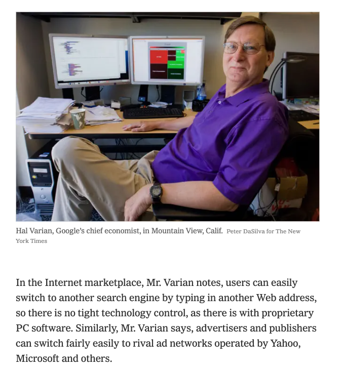 Schmidt saw Google growth and knew monopoly was imminent.By 2002, Schmidt poached the top tech IO economist in the world, Hal Varian. US v Microsoft showed that post-Bork, econs like Varian called the shots in interpreting and enforcing antitrust law. Smart bet.