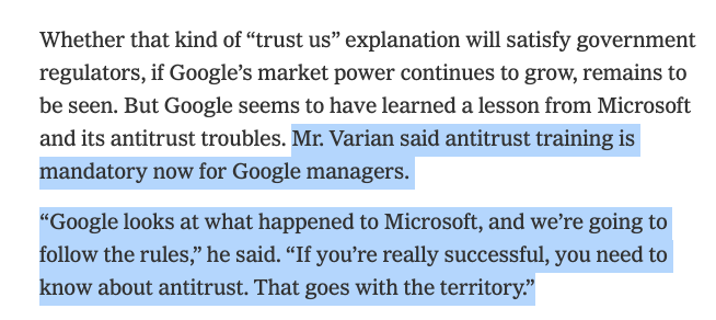 Schmidt saw Google growth and knew monopoly was imminent.By 2002, Schmidt poached the top tech IO economist in the world, Hal Varian. US v Microsoft showed that post-Bork, econs like Varian called the shots in interpreting and enforcing antitrust law. Smart bet.