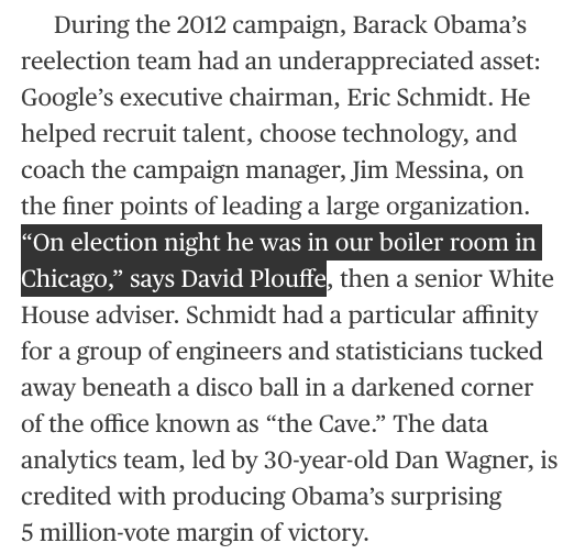 In 2008, Schmidt spent election night basking in the glory of another smart bet: getting on the Obama train early. (By the the 2012 re-election, he spent election night in the "boiler room" with Obama's top brass.)