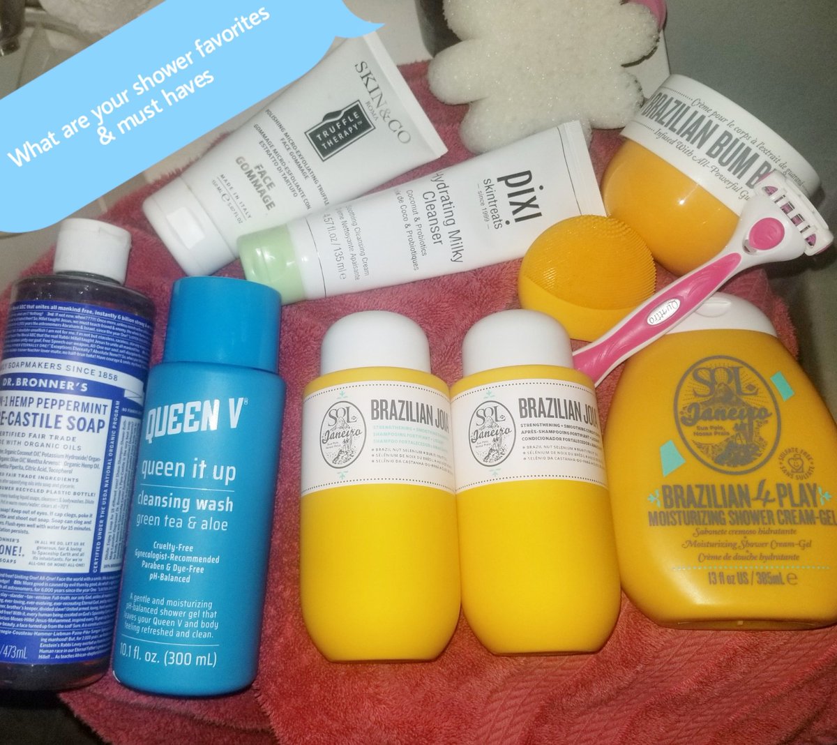 WickedlyDivin3's tweet photo. What are some of your shower favorites and must haves?
@soldejaneiro1 #sol #brazilian4playshowergel
#brazilianjoiashampooandconditioner
#solbumbumcream
@QueenVLife #queenv #queenitup
@DrBronner #peppermintcastilesoap
@SpongelleLLC #bodybuffer
@FOREO
@PIXIBeauty
@SKINandCO https://t.co/jeQi1tw6fZ
