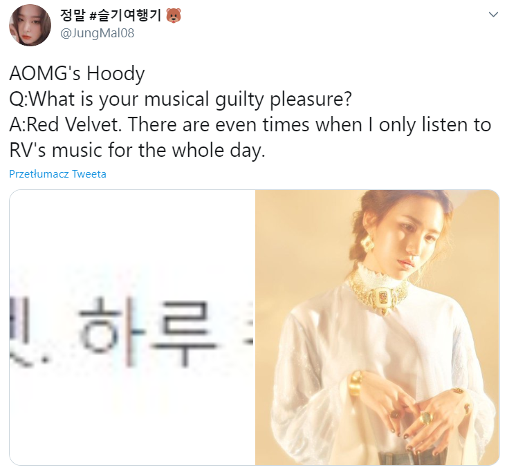 Q: What is your musical guilty pleasure? Hoody: Red Velvet. There are times when I only listen to Red Velvet’s music for the whole day. http://www.marieclairekorea.com/2017/01/celebrity/beyond-hoody/